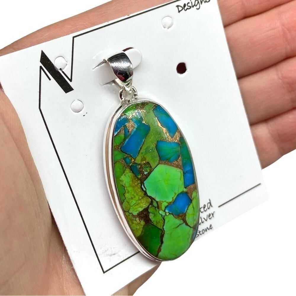 Kingman Turquoise Necklace Pendant Oval Solid 925 Sterling Silver Green Blue - Picture 5 of 8